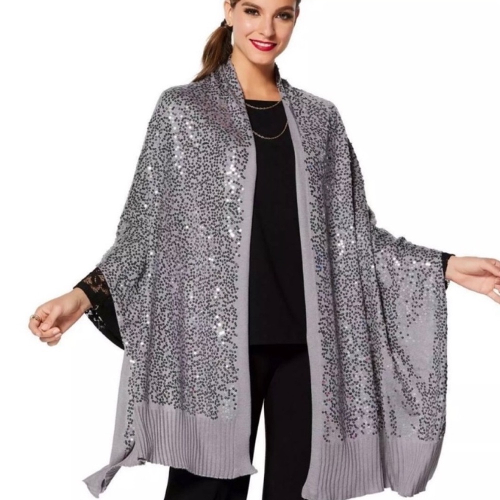 IMAN Global chic sequined shawl in gray NWT - Picture 3 of 8
